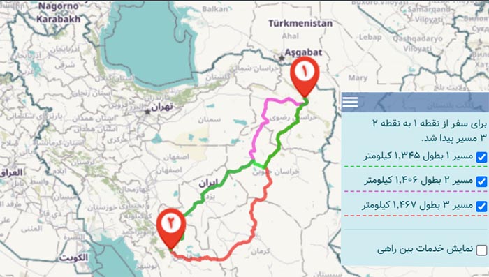 مسیر های حمل بار از مشهد به شیراز